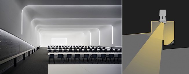 Downlights are concealed in light coves to provide 30 footcandles on the tables. Mock-ups and details were studied to determine the best placement for fixtures.