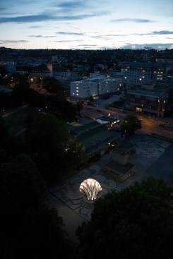 An aerial view of the pavilion on the University of Stuttgart's campus.