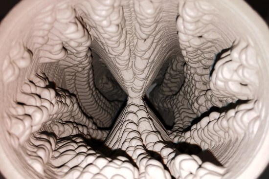 View of the geometric "glitches" inside a "GCODE.Clay" vessel, Rael San Fratello