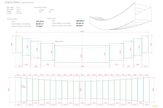 Diagram for the CLT wall panels in the Smile, in its original dimensions. Arup conducted additional investigations to reduce the material used in the Smile.