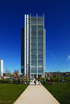 Western face of tower overlooks reinvigorated park