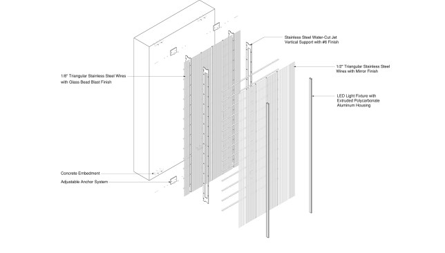 7 World Trade Center, New York (2003–06)An exploded axonometric view of the podium wall showing the double-layer stainless steel screen and LED lighting elements.