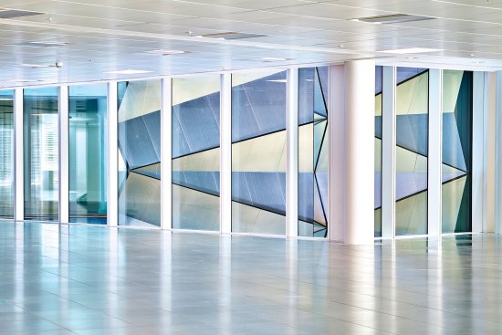 Folded Light, London (2013–16) Designed by Carpenter’s U.K. firm, Carpenter Lowings, this artwork was created for a 40-meter-tall atrium in a new office building. The folded panels capture the vertical angles of light across the 10-story space.