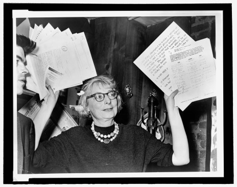 Jacobs, in her role as chairperson of the Commission to Save the West Village, at a 1961 press conference