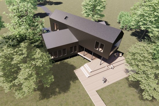 Fowl River Cabin, a residence currently under construction in Theodore, Ala., will be wrapped in black, corrugated metal. The structure consists of two slender bars, each angled to capture views. The living area will spill from the house, to the screened porch, and out onto the land.