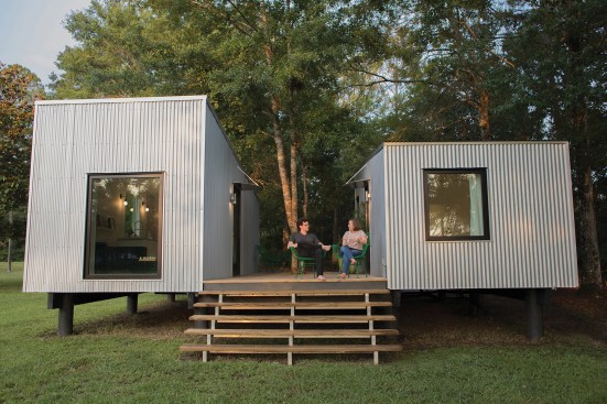 Tall House, a movable house in Vancleave, Miss., comprises two buildings separated by an outdoor living area. It functions as a microlaboratory where Tall Architects can test new and affordable materials, massing, space planning, and building techniques.