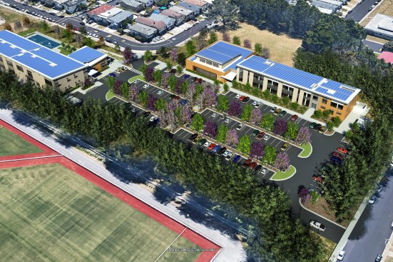 Aerial, Jefferson Union High School District Office and Adult School, Daly City, Calif.