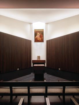 The small Lady Chapel receives light from a cavity behind the Ash slats (see Lady Chapel Slat Wall Detail) and from a Sunoptics skylight above.
