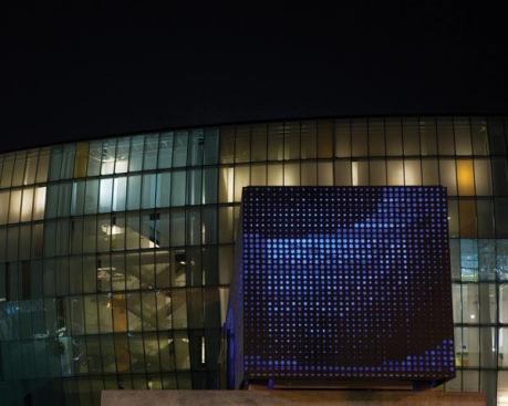 A view of the bridge looking north with the Sprint Center in the background.