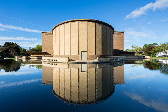 The chamber music hall as viewed from across the reflecting pool
