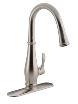 Kohler. Featuring a high arc for filling tall pots, the Bellera pull-down faucet uses ProMotion technology for a sprayhead that is quiet, lightweight, and easy to maneuver, says the manufacturer. The sprayhead has three functions: aerate, spray, and pause; the pause feature allows users to extend the sprayhead beyond the sink basin. The design, a combination of modern and traditional, uses a single-lever handle to adjust water flow and temperature. 800.456.4537. www.kohler.com.