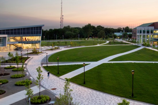At the heart of the Rowan College campus, the central quad was designed in concert with the Student Success Center (at upper right).