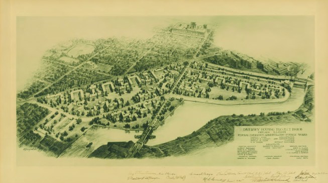 A historic aerial rendering of the Lathrop homes