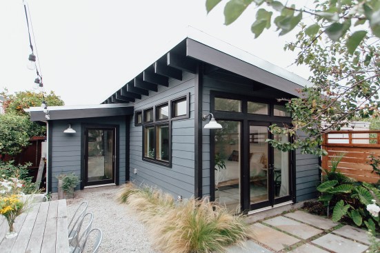 This Oakland, Calif., backyard addition has exposed roof joists.