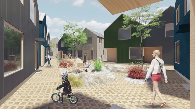 A 5-acre project in Central Oregon, Helmholtz—Inside Out reimagines workforce housing and suburban residential planning by establishing social spaces and prioritizing interior access to light and views. Shared courtyards that balance privacy and community within each group of houses create a sense of place.
