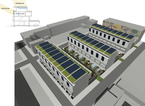 Stable Flats, a Passive House development of townhouses in the Northern Liberties neighborhood of Philadelphia. The project was designed by Onion Flats.