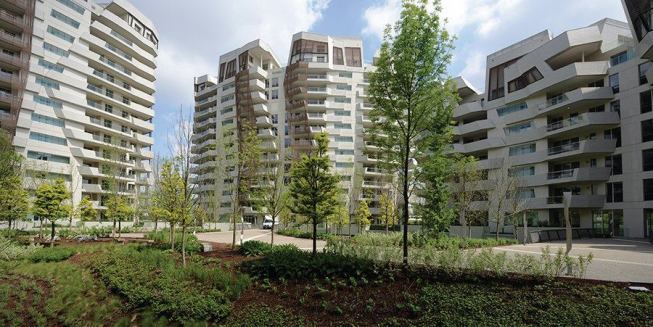 The courtyard of the Zaha Hadid-designed residential complex.
