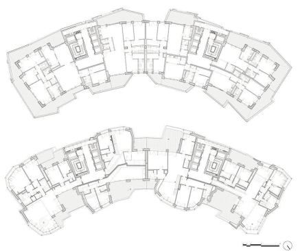 Typical floor plans for the Libeskind-designed buildings.