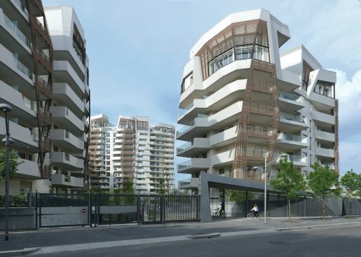The Libeskind residences are clad in tile and wood-composite lattices and topped by penthouse duplexes. 