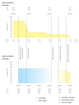 Tunable luminaries can  be programmed to change circadian stimulus. In these two hypothetical examples, the top schedule increases and decreases light output while fixing color temperature, while the bottom schedule alters both light levels and color temperature.