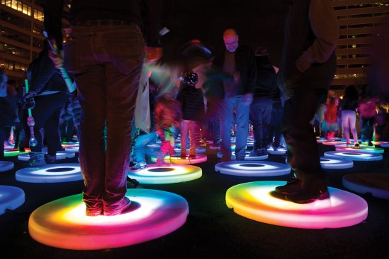 Jen Lewin’s installation for Baltimore’s Light City 2016 used customized polyethylene shells with LED strips that responded to a person’s movement.