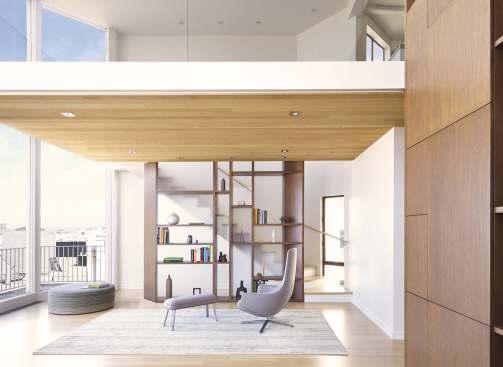 The space's eclectic modern design was actually a necessity due to the unique shape of the living space.