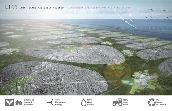 People's Choice Award Winner—LIRR: Long Island Radically Rezoned, designed by the team of Tobias Holler, New York Institute of Technology; Ana Serra, Buro Happold; Sven Peters, Atelier Sven Peters; and Katelyn Mulry, New York Institute of&nbsp; Technology. 
Juror Statement: "An impressive, island-wide reorganization of regional governance structure for a carbon-neutral future, comprised of a network of dense centers with agricultural and open space in between."