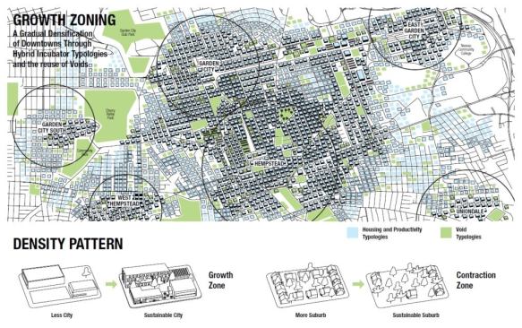 Long Division, designed by the team of the Network Architecture Lab, Columbia University (Kazys Varnelis, Leigha Dennis, Momo Araki, Alexis Burson, and Kyle Hovenkotter) and Park: William Prince. 
Juror Statement: "Emphasizes the dire need to conserve freshwater resources, provocatively suggesting that only some downtowns should grow into dense and diverse centers, while others might shrink over time."
