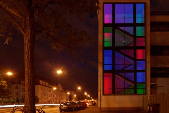 Light designer Robin Uber's 2016 Luminale installation "Bauhaus „goes“ Mondrian" converts a transformer station into a Piet Mondrian color tapestry.