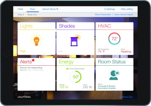 Monitor and adjust HVAC, light, and shade control with myRoom Vue software. Image Courtesy of Lutron