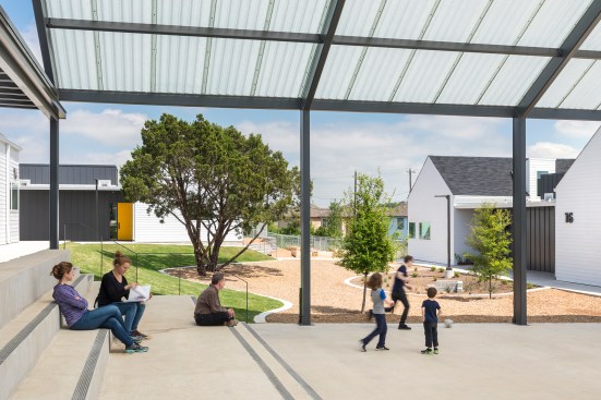 Covered gathering space at center of campus.