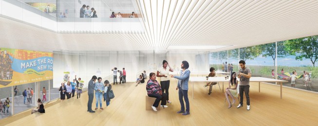 The center’s main gathering space, with bleacher seating