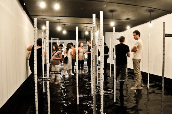 Watermarks, a 2011 exhibition at Woodbury University’s WUHO Gallery in Los Angeles, examined rising global water levels through simulation of Venice’s Acqua Alta, a biannual flooding of Piazza San Marco.