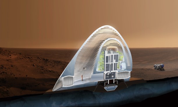 Section
Perspective: A double ice shell housing programmatic spaces within its layers
is 3D-printed around a lander habitat. A vertical greenhouse between the
habitat and shell forms the crew's yard.