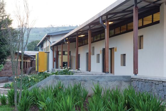 Outdoor colonnade, which overlooks the landscaped garden areas surrounding the structure.