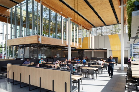 The light-filled dining area, which features 27-foot-high ceilings