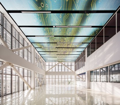 Operable glass louvers provide natural ventilation inside