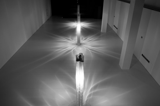 Aerial view of the three columns installed at the Milan Triennale; the three-petal column is in the foreground.