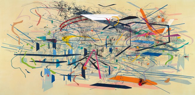 "Retopistics: A Renegade Evacuation" (2001), ink and acrylic on canvas 102" × 216"