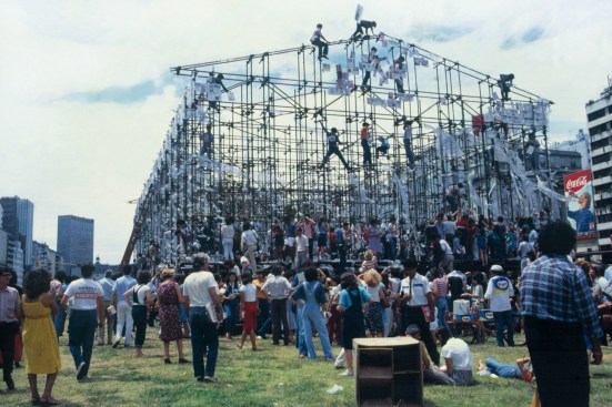 Marta Minujin’s "El Partenon de libros" or The Parthenon of Books in English, was made in 1983 with over 25,000 books, taken from cellars where they had been locked up by the military. The books covered a scale replica of the Parthenon edifice, built out of metal tubes in a public square in the southern part of Buenos Aires.