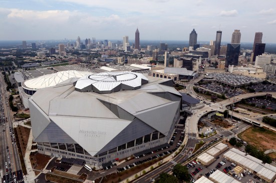 Aerial view of the Mercedes-Benz Stadium on Aug. 26