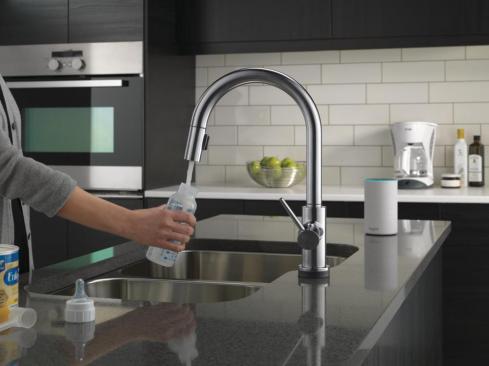 Delta VoiceIQ Technology dispenses exactly the amount of water you need with hands-free voice activation. Command your faucet to turn on and off, warm the water, dispense a metered amount, or fill custom containers like your coffee pot. (Brizo and Delta Chicago, Suite 127)