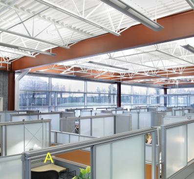 A  My Studio Environments office system Herman Miller 
www.hermanmiller.com Steel-framed system finished with glass, paint, or veneer cladding  • In-frame technology distribution  • System is 69 percent recyclable and contains 30 percent recycled content  • Low-E and Greenguard certified  • Inverted approach has the highest walls on the perimeter, with central spine walls being the lowest  • Curved outside corners designed to make space feel larger