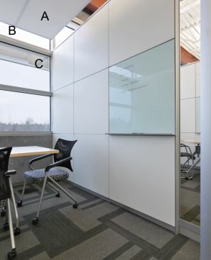A  Techstyle ceiling panels Hunter Douglas Contract 
www.hunterdoublascontract.com Panels available as lay-in or clipped ceiling profiles  • Standard finsihes include white, off-white, and black  • Standard 15/16-inch T-grid has a narrow 1/4-inch reveal  • System has a comparative noise reduction coefficient of 0.85 and a sound absorption average of 0.89  • Tiles weigh 1/4-pound per square foot and contain 7 percent recycled content 
B  Solarban 60 glass PPG 
www.ppg.com Solar control low-E glass  • Solar heat gain coefficient of 0.38, with a visible light transmittance of 70 percent  • Functions independently as clear glass, but can be combined with tinted or reflective glass in the outboard lite  • Can contribute to up to four possible LEED points 
C  Flexshades window shading system Draper 
www.draperinc.com Fixed-frame shade panels  • Extruded aluminum frame  • Frame finishes include dark bronze, white, or mill-finished aluminum  • Standard sizes go up to 5 feet by 10 feet  • Openness factors range from 3 percent to 23 percent
