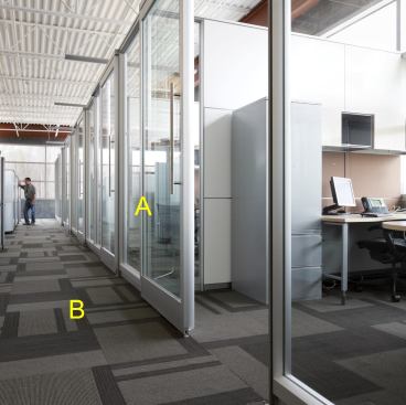 A  Movable wall system DIRTT Environmental Solutions 
www.dirtt.net Acronym stands for "Do It Right This Time"  • Pre-engineered, pre-manufactured wall sytems  • Available systems include movable, faceted, and stick-built  • Movable walls come in glass or solid finishes 
B  Dressed to Kill modular carpet tile Shaw Contract 
www.shawcontractgroup.com Recently redesigned to include new patterns and colors  • 24-inch square tiles  • Solutia Ultron color BCF nylon  • Available with EcoWorx backing  • Pattern shown, Dinner Jacket, is no longer available as a standard pattern, but can be custom ordered