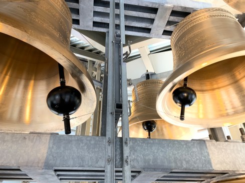 The carillon’s 65 bells are concealed by acoustical louvers from Airolite that allow the sound to pass through and carry across campus. 