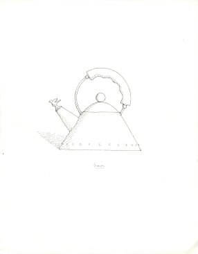 Michael Graves' drawing for the Alessi "Whistling Bird" teakettle in pen on paper.