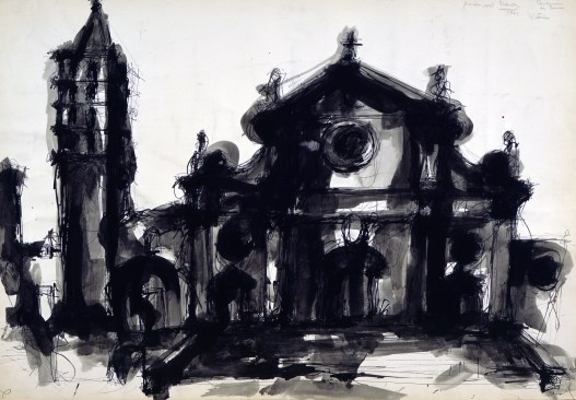 Michael Graves' 1961 drawing of a church and campanile in Rome, in ink pen and wash on paper.