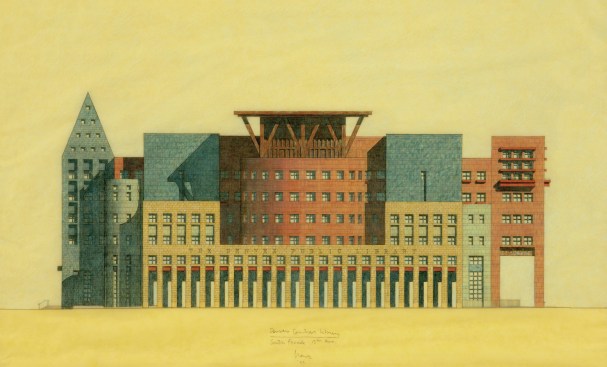 Michael Graves' 1993 drawing of the Denver Central Library south façade in graphite and colored pencil on tracing paper.