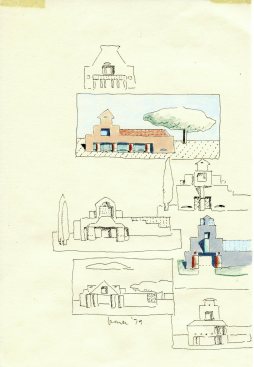 A 1979 sketchbook drawing by Michael Graves in pen, colored pencil, and oil pastel on paper.